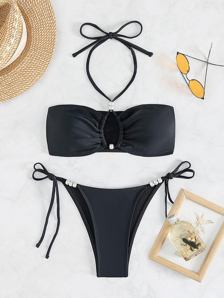 Halter Tie Pearl Decor Sexy Two Piece Bikini Set Elegant Women Swimwear