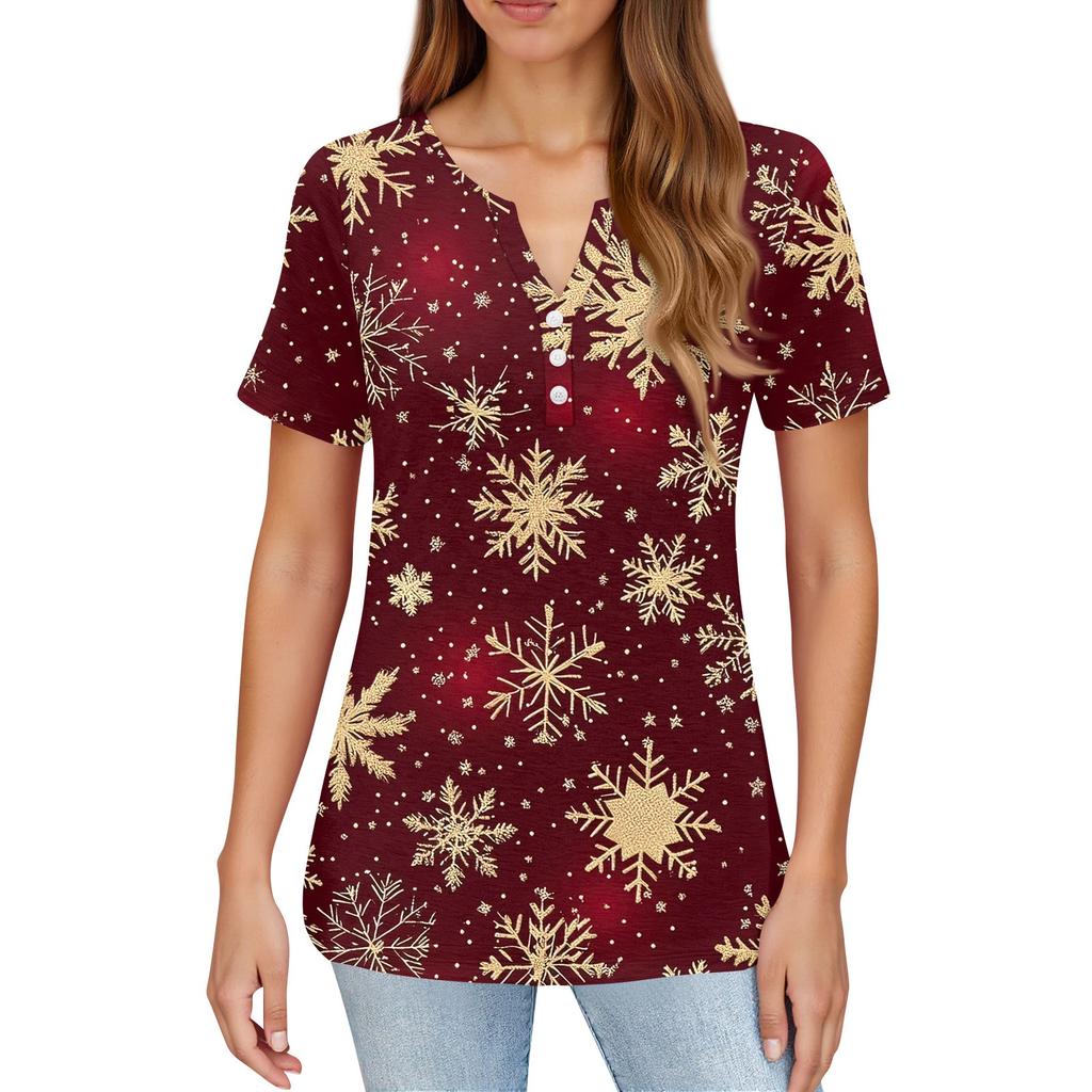 Dame T-skjorte Juleprint Knapper Korte Ermer Hverdag Weekend Mote Basic V-hals Vanlig Topp