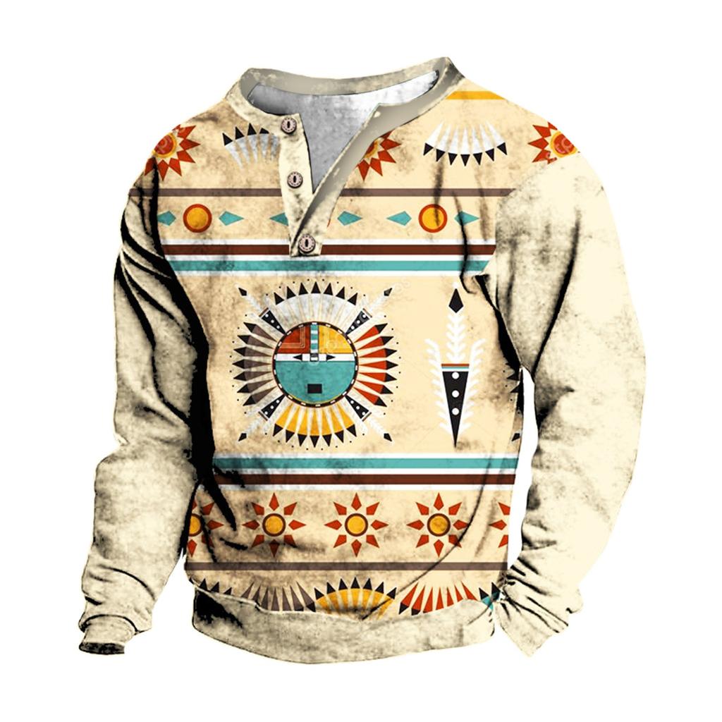 Pullover mit V-Ausschnitt für Herren, 3D-Digitaldruck, Stehkragen, 3 Knöpfe, Vintage-Kragen