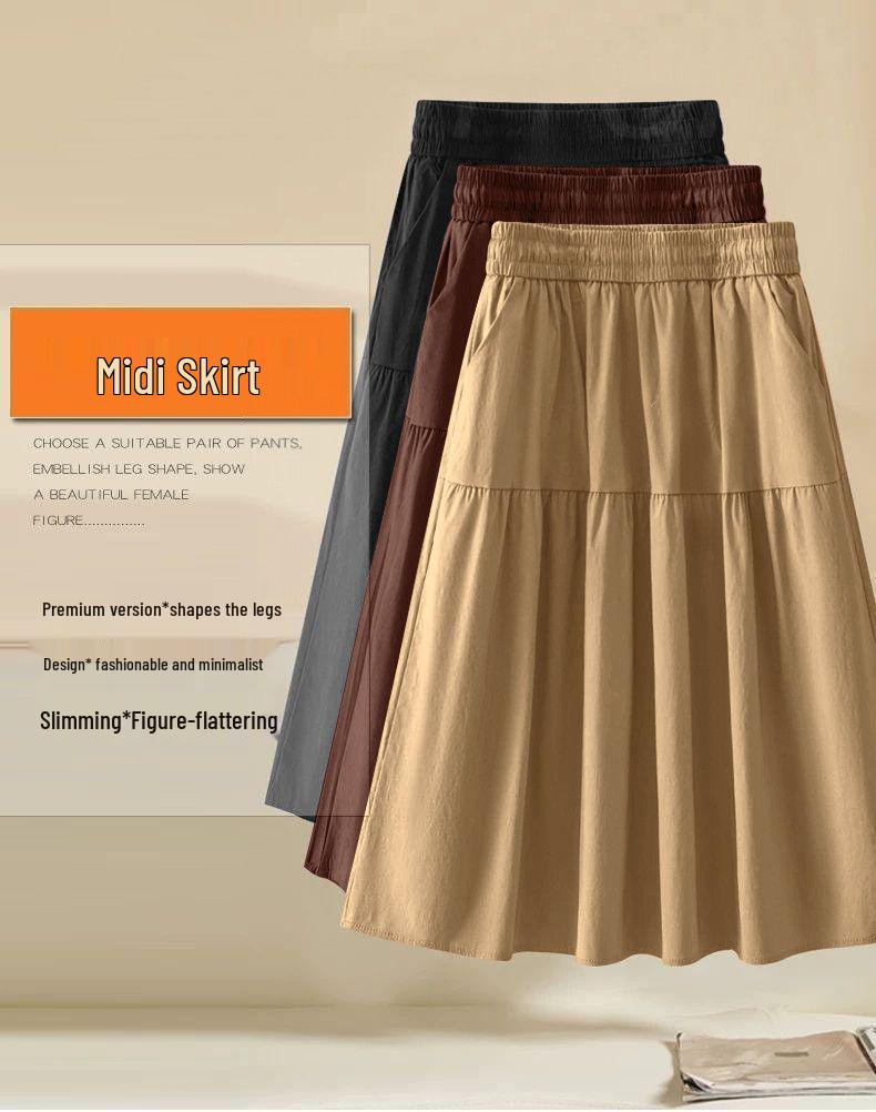 Women's A-Line Elastic Waist Skirt - Three-Quarter Length, Solid Color, Spring/Summer/Autumn Styles Available