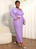 Plus Size Elegant Light Purple Jacquard Puff Sleeve Long Formal Dress.