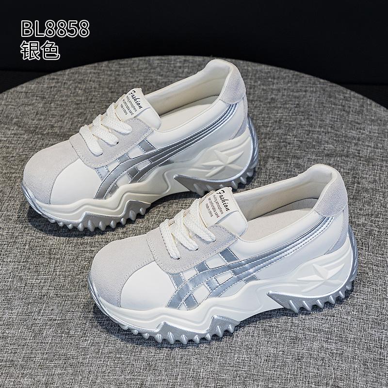 Thick-soled shallow-mouth dad shoes spring and autumn new leather small sports and leisure shoes