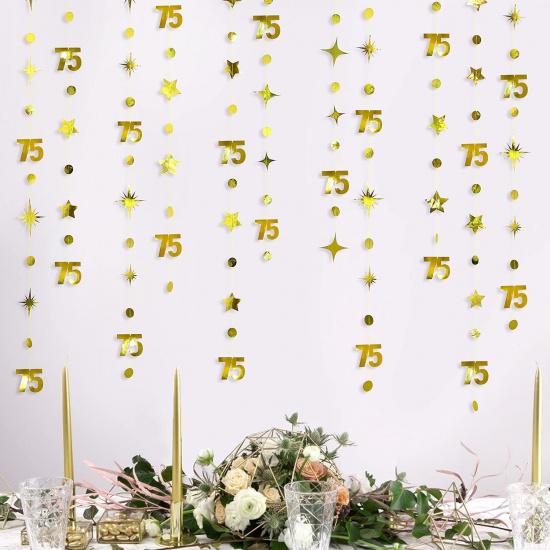 Gold 75th Birthday Decorations Number 75 Circle Dot Twinkle Star Garland Metallic Hanging Streamer Bunting Banner Backdrop for 75 Year Old Birthday