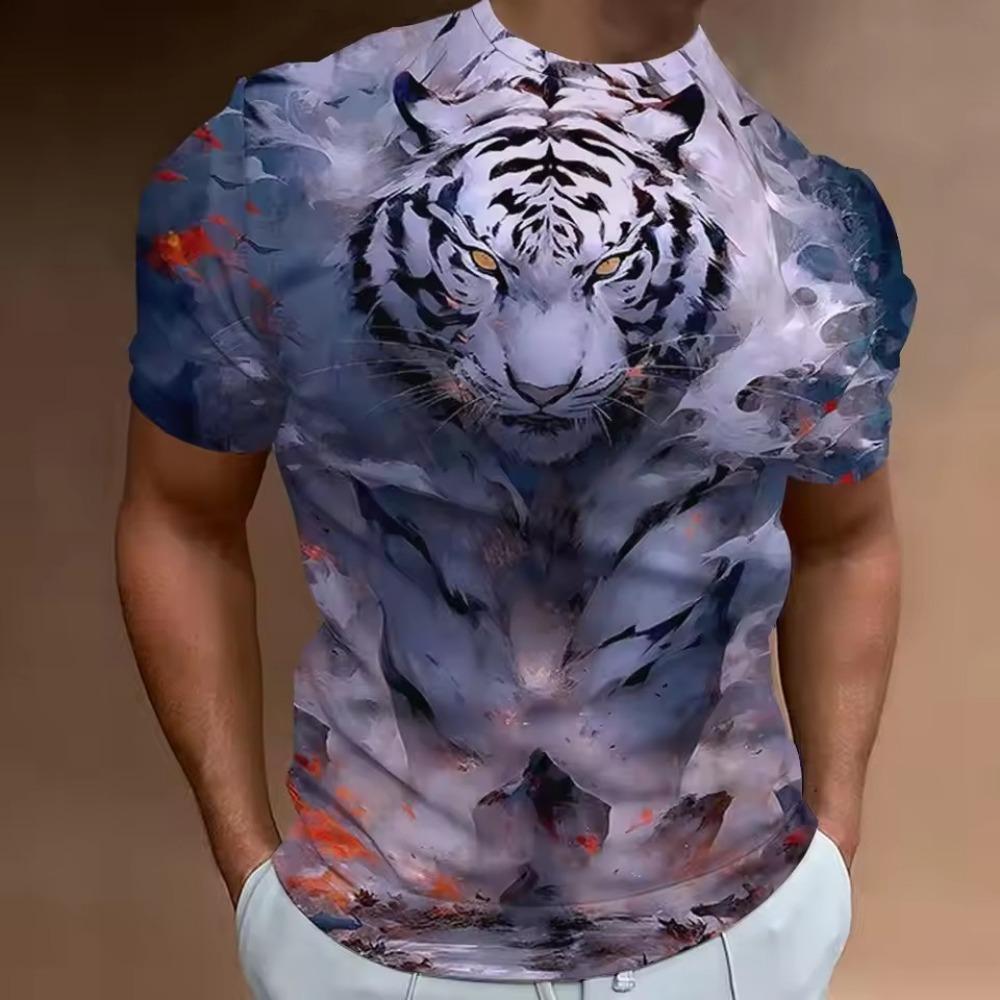Streetwear Men's Casual T-shirt 3D Digital Printed Tiger Pattern Round Neck Short Sleeved Loose Summer Top Men's T-shirt