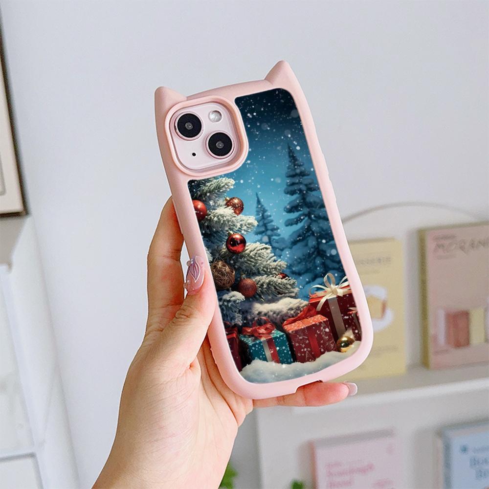 Cat Ear Soft Phone Case for iPhone 16 15 14 13 12 11 Pro Max Plus XR X TPU Anti-Drop Transparent Acrylic Back Cover NY28 Christmas tree Santa Claus