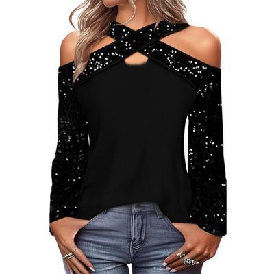 Ladies' Casual And Fashionable Cross Neck Solid Color Sequin Long Sleeved Top
