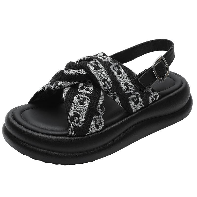 Chinese-style printed platform sandals women's summer new open-toed small fragrant Roman outer wear beach shoes, national style cool slippers