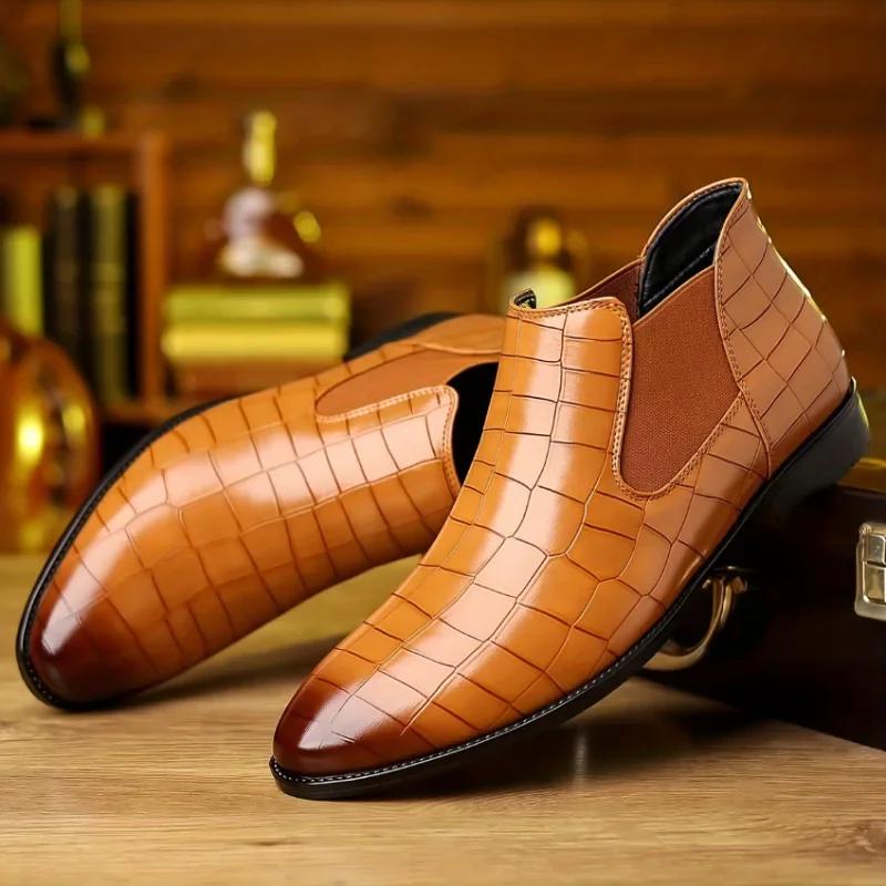 Fashion Chelsea Leather Men Boots High-top Side Zipper Round-toe Crocodile Pattern High Heel Versatile Casual Party Boots For Man botas