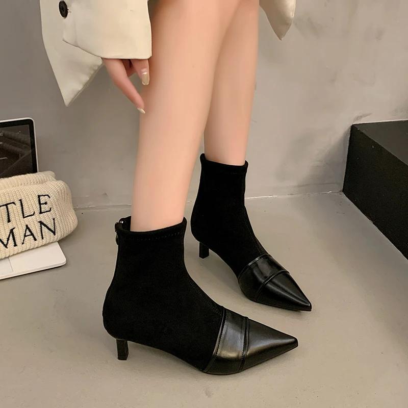 Mode Hiver Bout Pointu Femmes Daim Bottines Stilettos Chaussures 2025 Tout Neuf Sexy Mode Bottes Chelsea Escarpins Robe Zip Botas Mujer