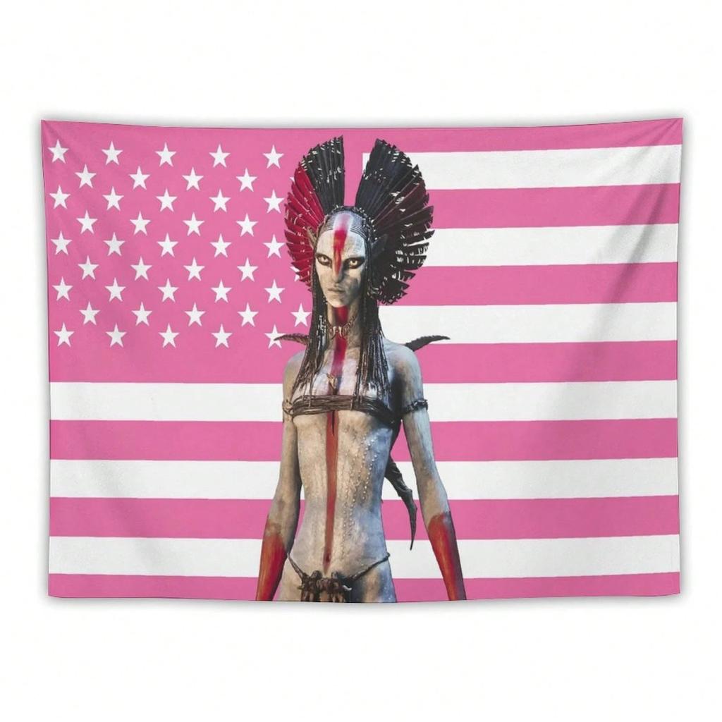 1Pc Pink American Flag Demon Tapestry, Edgy Meme Wall Hanging, Cool Room Stuff, Large Size, Polyester 2D Print, Bedroom Stuff, A