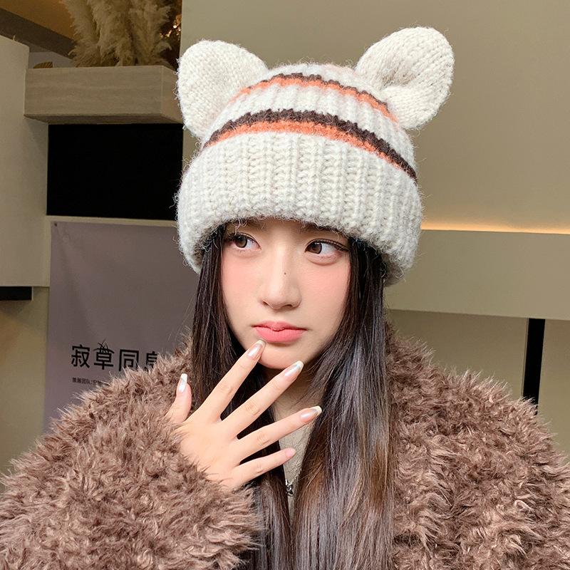 

Сладкая и милая вязаная шапка с кошачьими ушками, осенне-зимняя шапка, женская шапка для защиты ушей, теплая шерстяная шапка, универсальная шапка One Size
