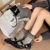 5 Pairs of Women's Checkered Bow Mid-calf Socks, Trendy Lace Lolita Socks, Grey Women's Socks