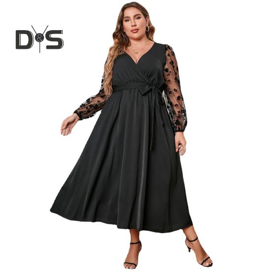 

Женское платье-халат с V-образным вырезом, вышитым кружевом и сеткой, длинными рукавами, платье-миди с высокой талией и поясом 4XL