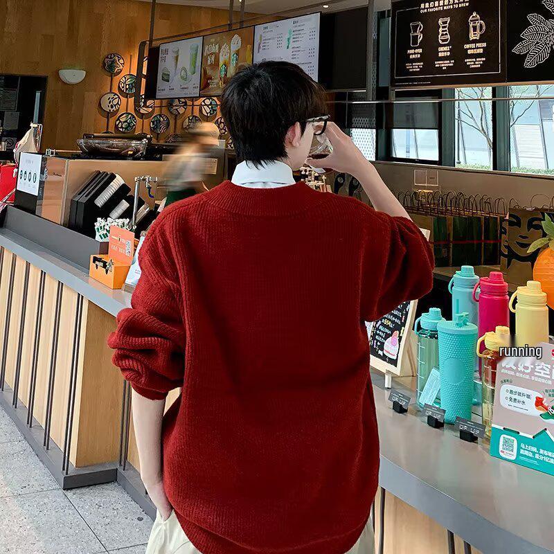 Autumn Winter 2025 Men's Casual Retro V-Neck Cardigan Sweater - Solid Color Knit Outerwear