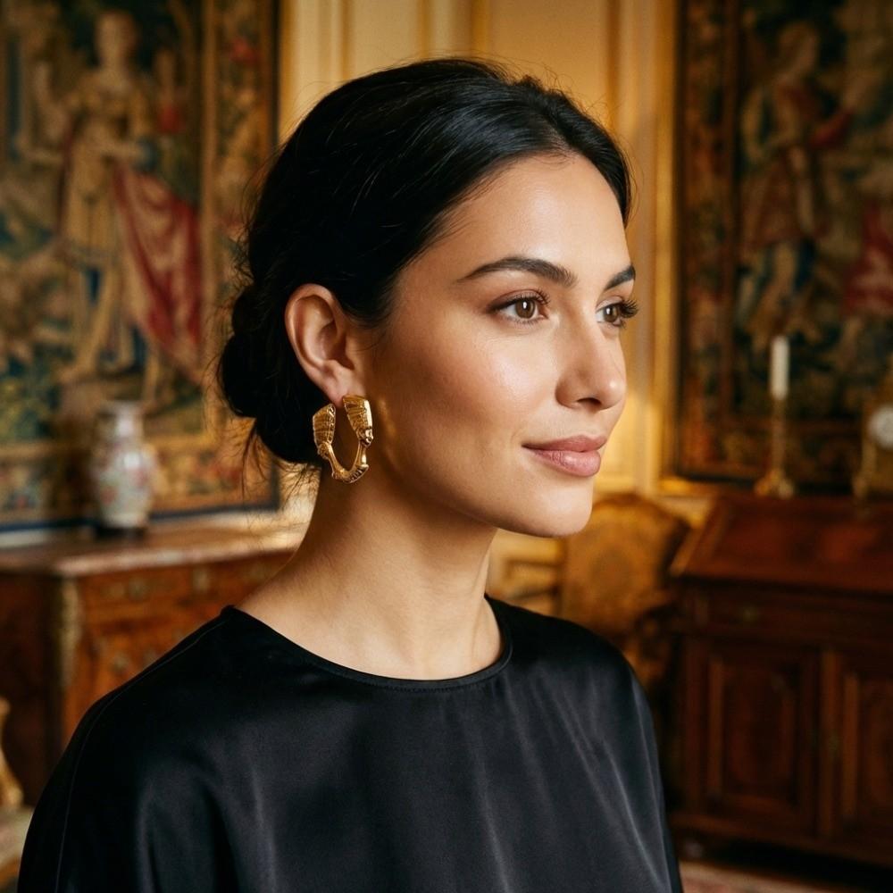 Exaggerated Portrait Earrings Gold Circular Hoop Earrings  Holiday Style
