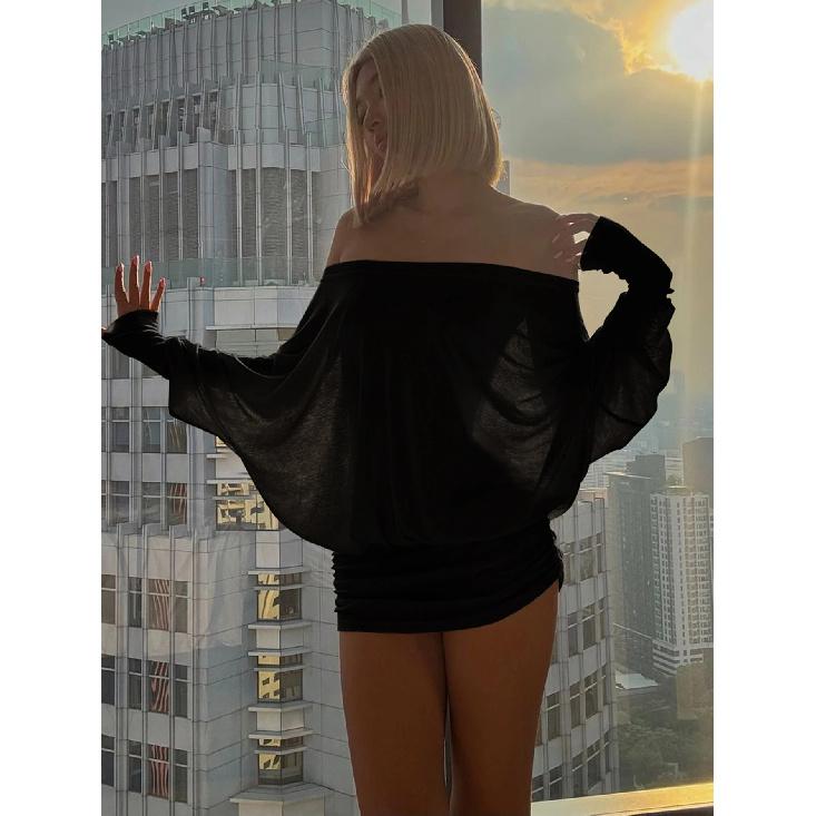 Off Shoulder Long Sleeves Ruched Patchwork Mini Dress Women’S Sexy Elegant Casual Outfit Party Clubwear Spring Summer XS чёрный