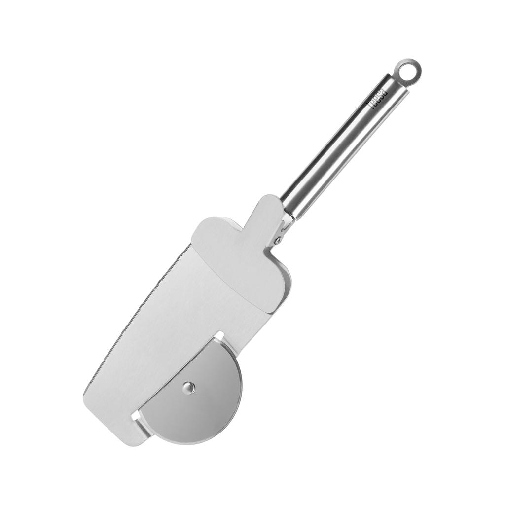 Pizza cutter with a cutting disc with edge-cutting teeth and a spatula with a Teesa clamp