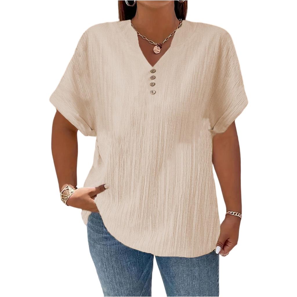 Women’s Short Sleeve V Neck Blouse with Button Loose Fit Tunic Top for Casual Daily Wear