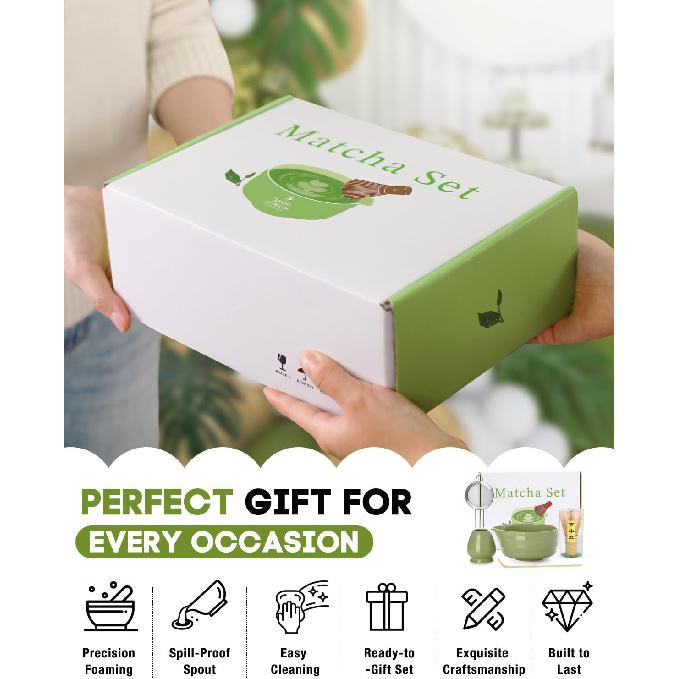 Matcha Whisk Set - 5PCS Matcha Set Includes 17OZ Chawan with Spout, Bamboo Chasen Whisk with Ceramic Holder, Mat cha Scoop and Stainless Sifter,