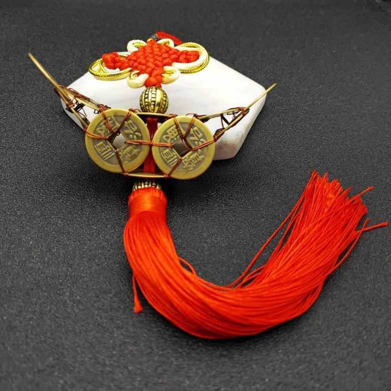 Fu Lu Zhen Zhai Chinese Gourd Pendant with Five Emperors Copper Coins and Gold Edge – Wealth Knot Ornament Gift