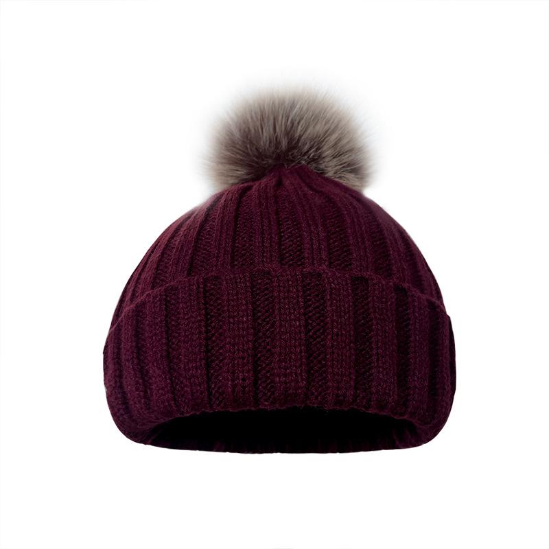 Autumn Winter New Fashion Beanie Acrylic Pullover Solid Color Knitted Hairball Velvet Padded Flanging Plus Custom Winter Hats