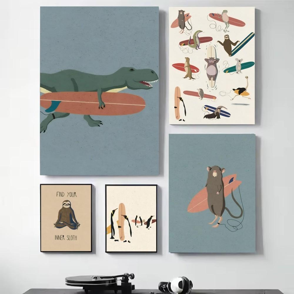 1pc Surfing Animals Vintage Cartoon Sloth Frog Racoon Zebra Poster HD Posters Home Room Bar Cafe Decor Art Wall Painting Picture