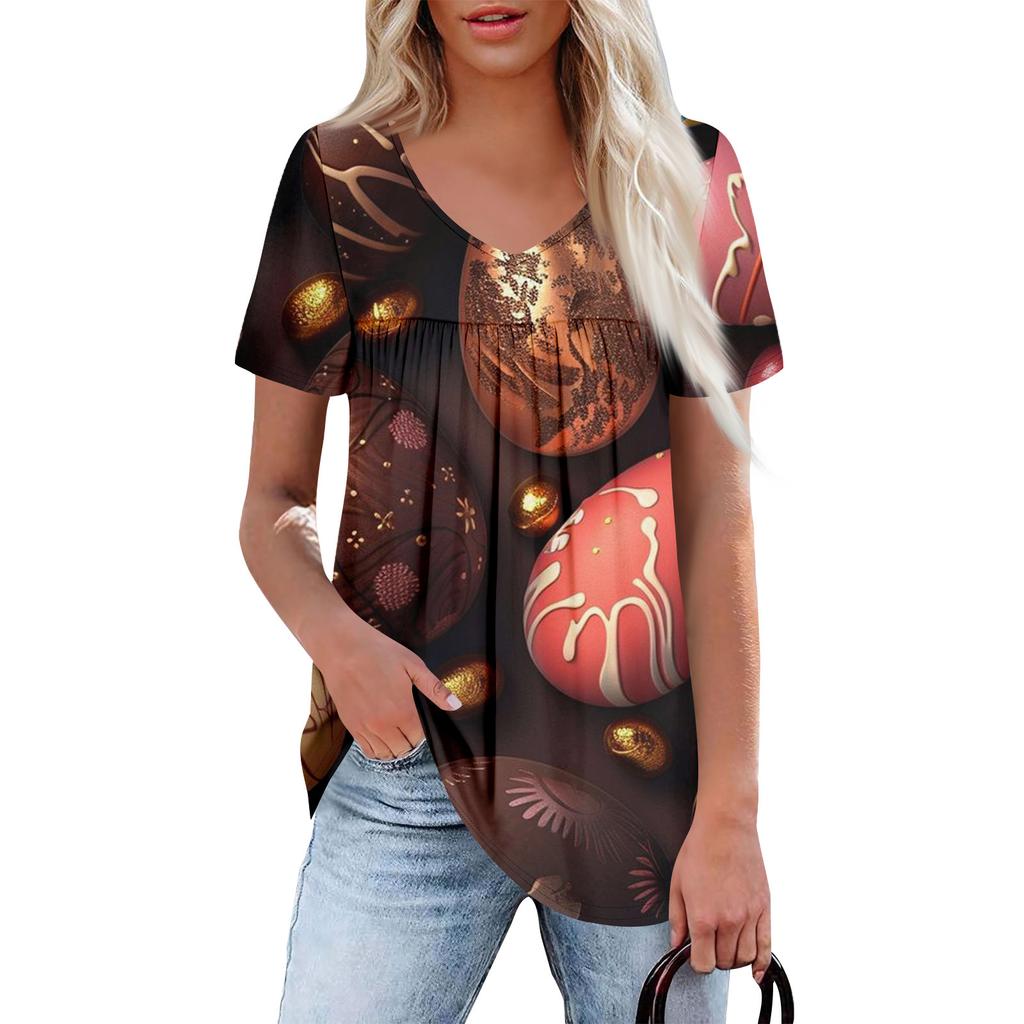 Ladies' Casual V-neck Short Sleeved Shirt With Pleated Easter Print On The Chest