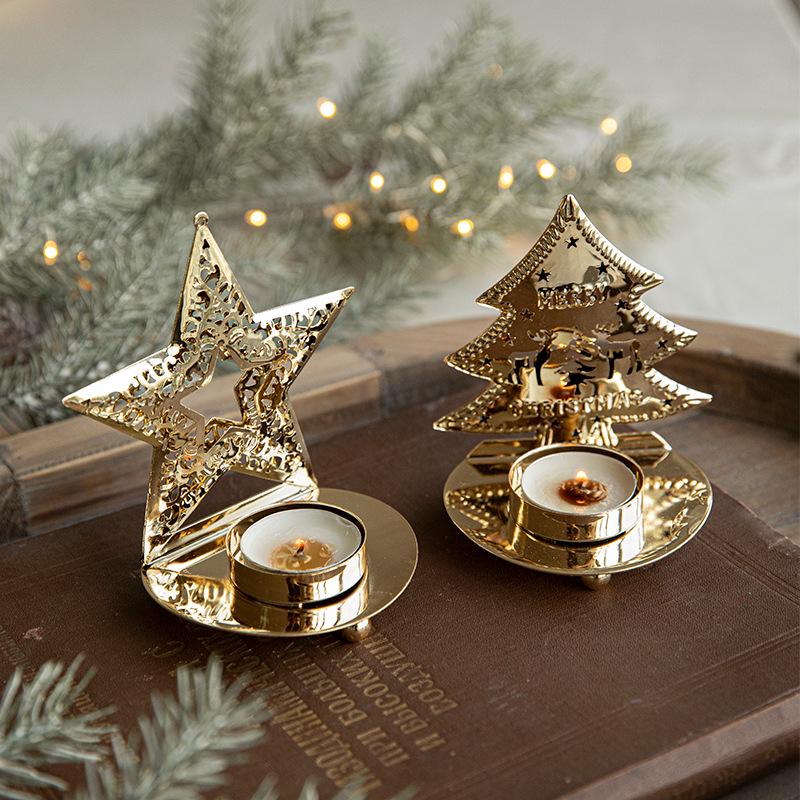 Gold Iron Art Christmas Candle Holder Ornament Lantern Tray