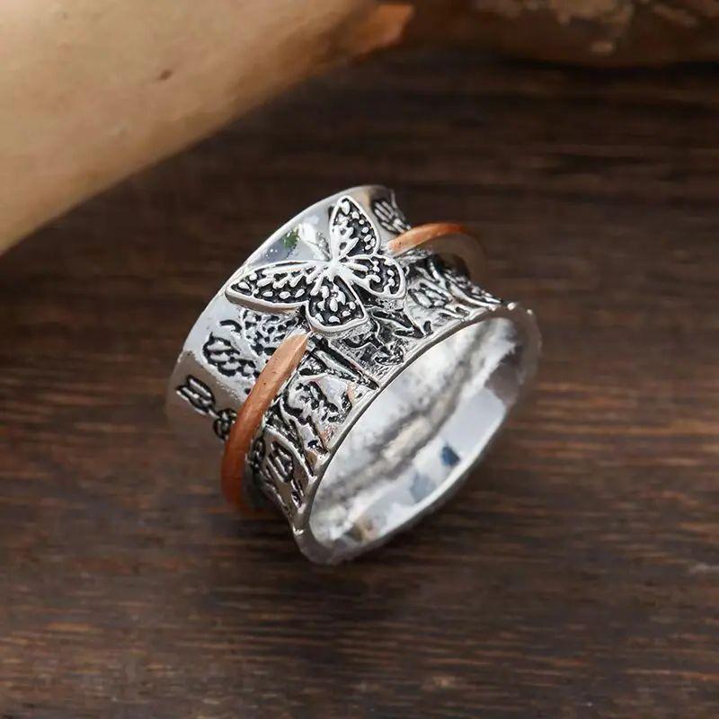 Creative Rotating Butterfly Ring Rotatable Love Two-color Decompression  Rotating Ring  Party High Jewelry Gift