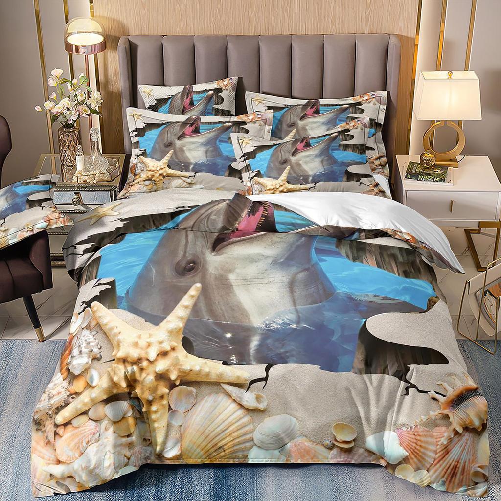 3D-gedruckte Heimtextilien Bettwäsche Delfin Meeresschildkröte Meerestier Quilt-Set Dreiteiliges Set