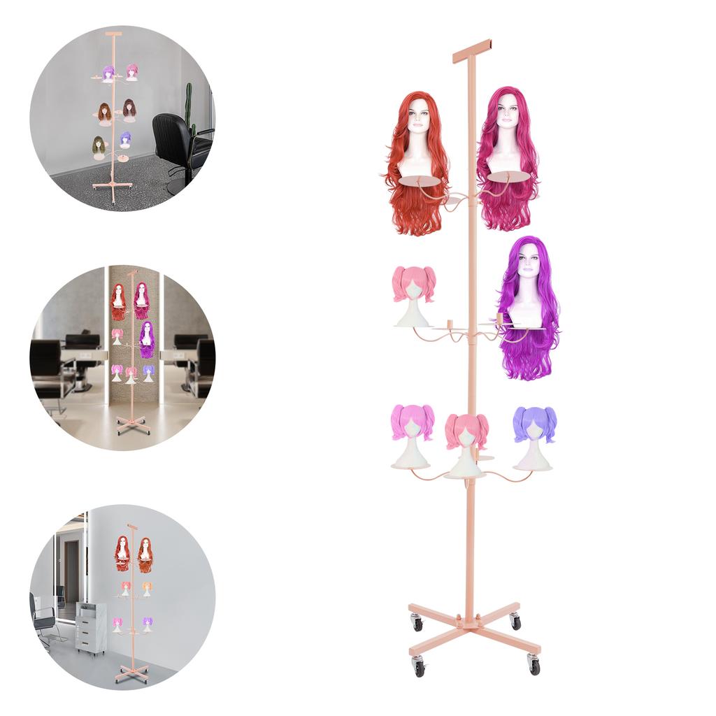 12-Head Iron Wig Holder,Pink/Black Cross Base/Round Base Freestanding Wig Display& Storage Rack 50*50*178cm for Hair Salons