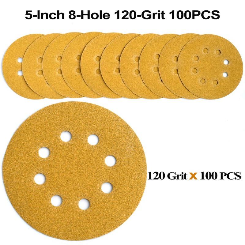 100PCS 5-Inch 8-Hole Hook and Loop Sanding Discs 120-Grit Random Orbit Sandpaper, 100-Pack