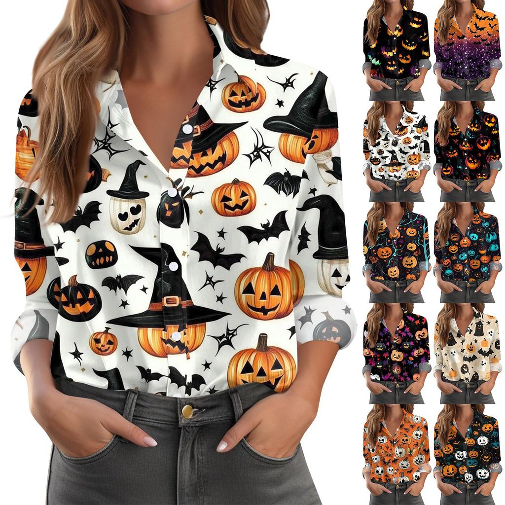 Damen Hemd Bluse Halloween Print Knopf Langarm Lässig Basic Hemdkragen Regulär Top