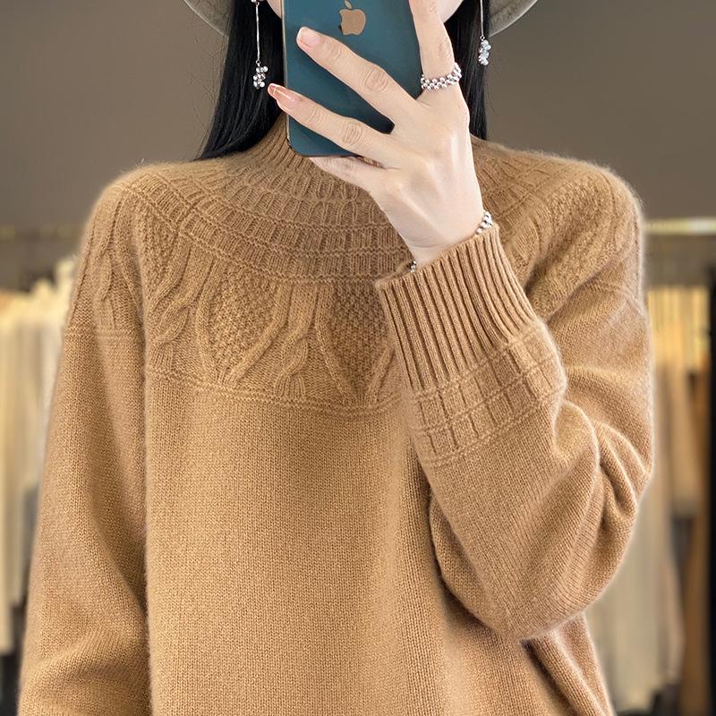 Women's Cashmere Sweater, 100% Wool, Semi-High Neck, Loose Fit, Perfect for Autumn and Winter.