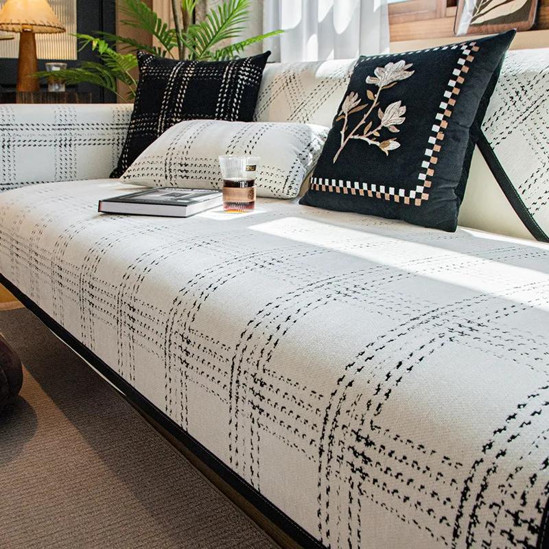Chenille Sofa Couch Cover Solid Color Square Grid Couch Covers Washable Anti-Slip Sofa Slipcover Stain Resistant Sofa Cushion