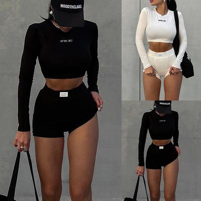 Conjunto feminino de treino para ioga e academia, manga comprida, shorts, conjunto de roupas para salão, 2 peças