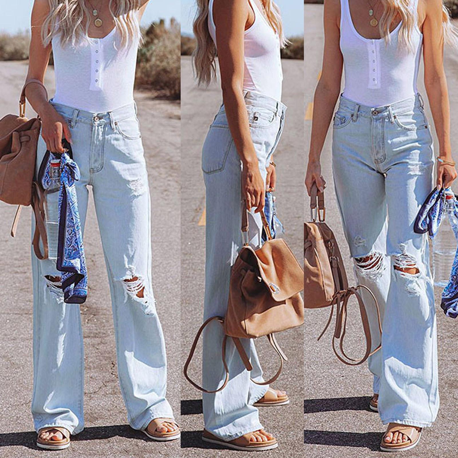 

Жіночі повсякденні потерті джинсові штани з дірками Звичайні широкі штани Джинси XL світло-синій колір