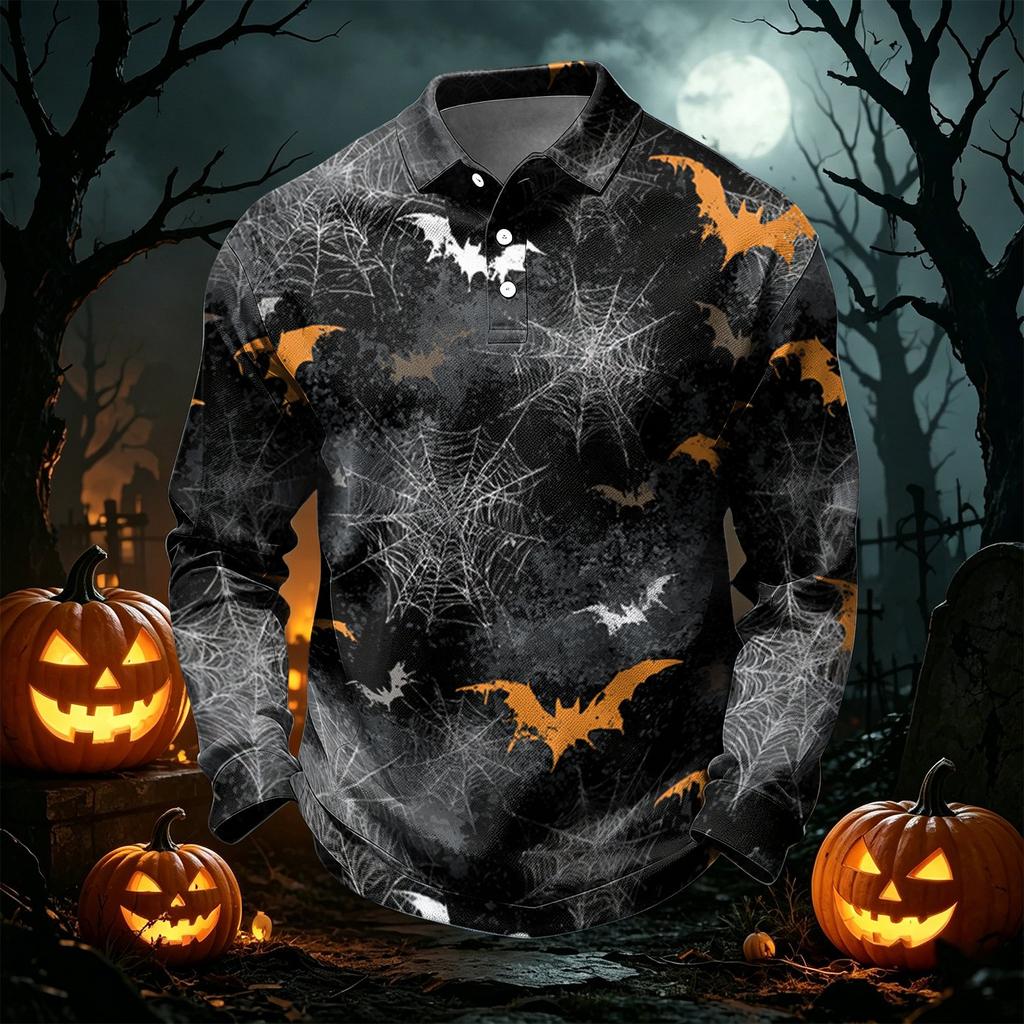Men's Quick Dry Mesh Golf Shirt Long Sleeve Halloween Print Performance Top