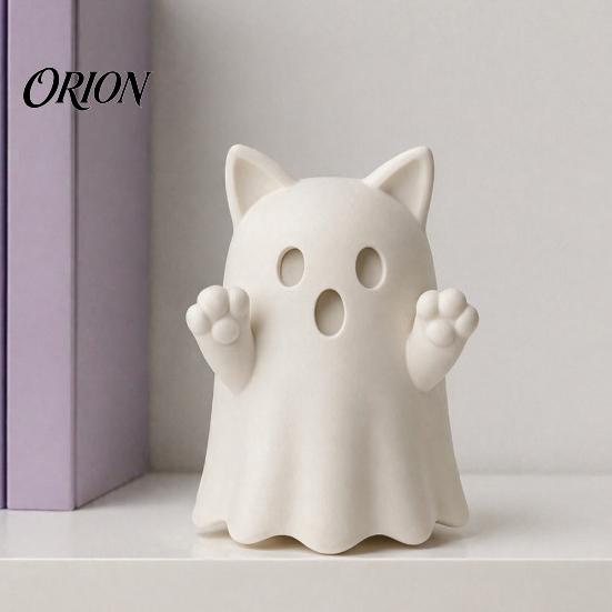 Collectible Art Figures 3D Printed Cute Ghost Cat Figurine, Wink Smile Surprise Spooky Halloween Decor, Unpainted Decorations Blank White DIY