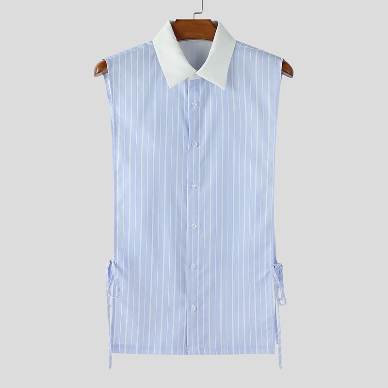 

INCERUN Men Patchwork Lapel Sleeveless Striped Side Cutout Shirts Tank Tops M синий