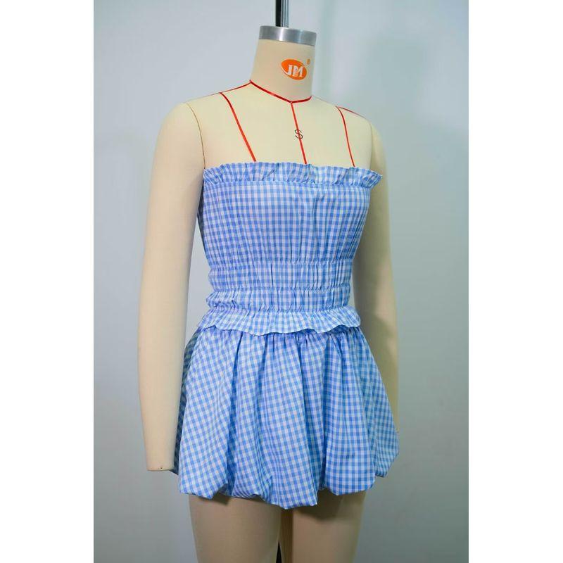 

Fashion Style Fashion Gingham Tube Top Tops Pettiskirt Suit Strapless Top and Skirt Set Stripes Suit L