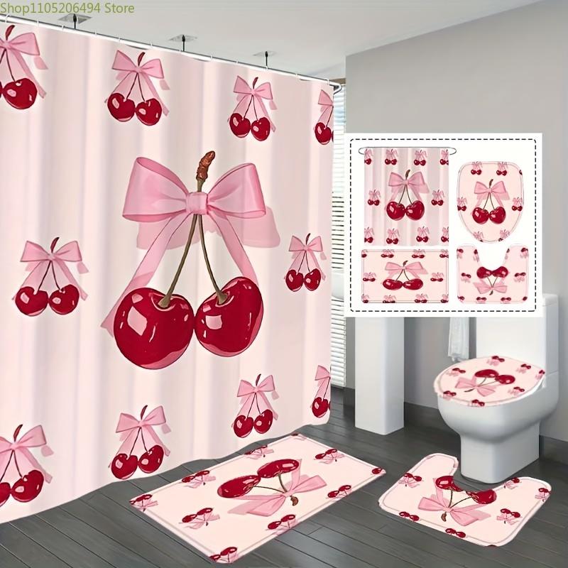 1/4pcs Pink Bow Cherry Style Shower Curtain, Modern Style Home Decor Print, Machine Washable, Fashion Theme, Suitable for All