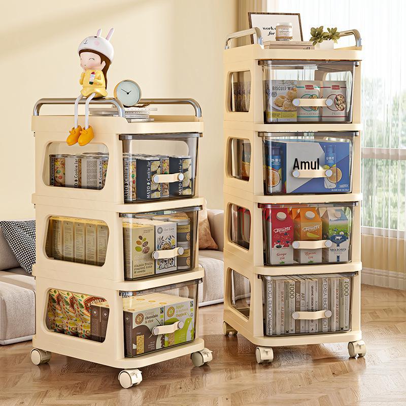 Multi-layer Transparent Drawer Storage Cabinet & Movable Trolley Shelf for Living Room