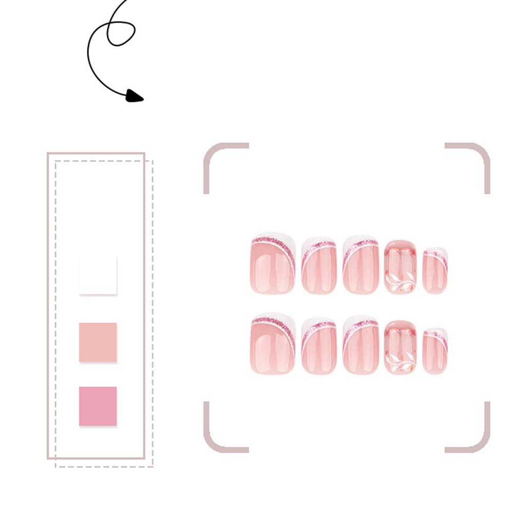24 Pcs Glittering Press On Nail French Tips False Nail Leaf Full Cover Stick On Nail Short Square Acrylic Nail