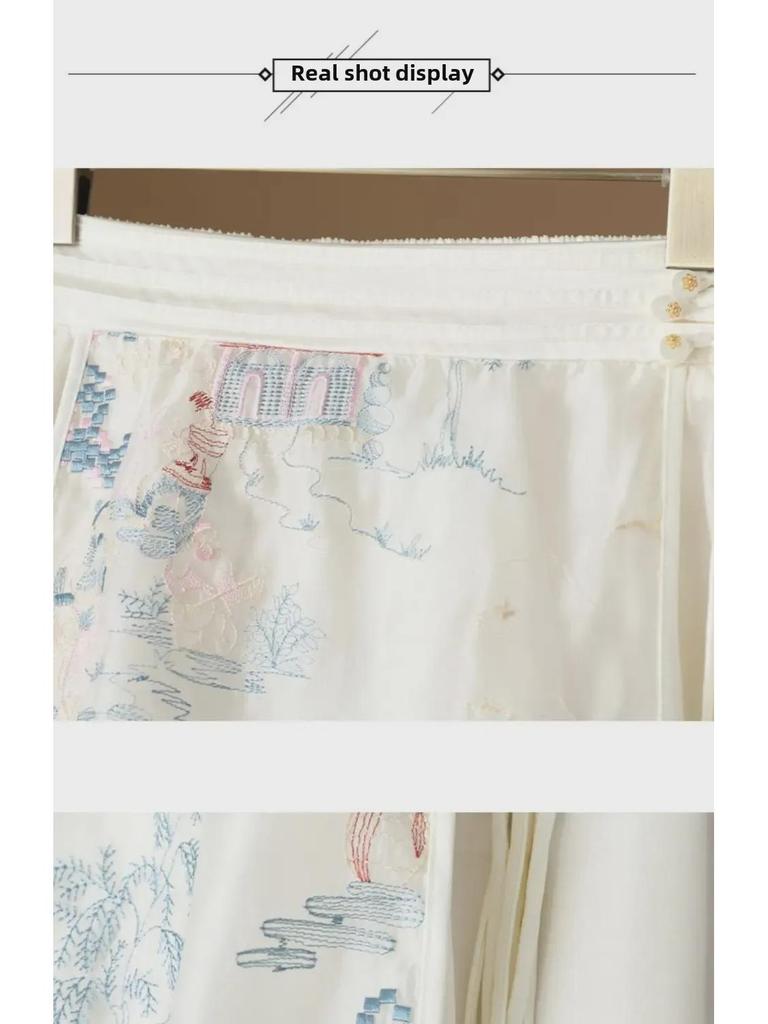 Exquisite Chinese Landscape Embroidery Hanfu Skirt with Organza Mesh