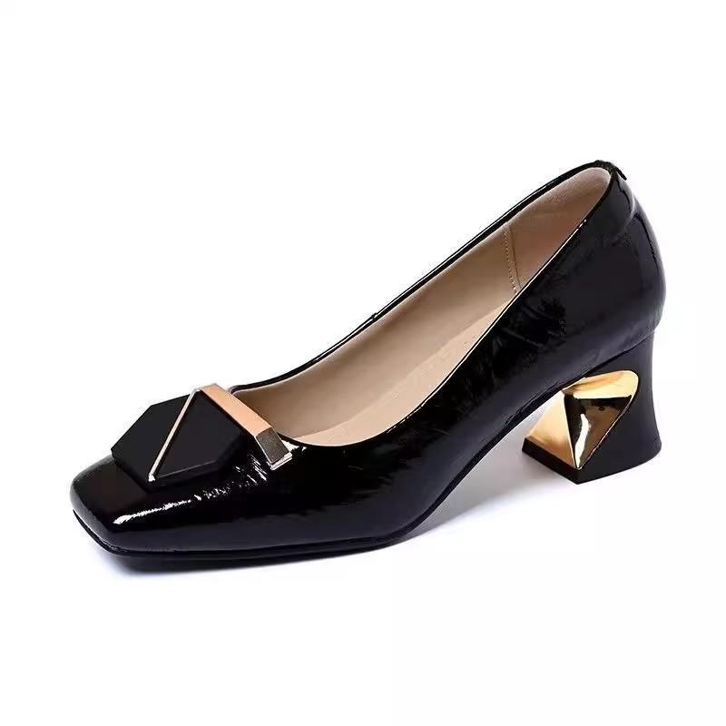 Single Shoes Women's Spring and Autumn New Middle Heel Soft Leather Thick Heel Comfortable Women's Shoes Shallow Mouth Square Head Temperament