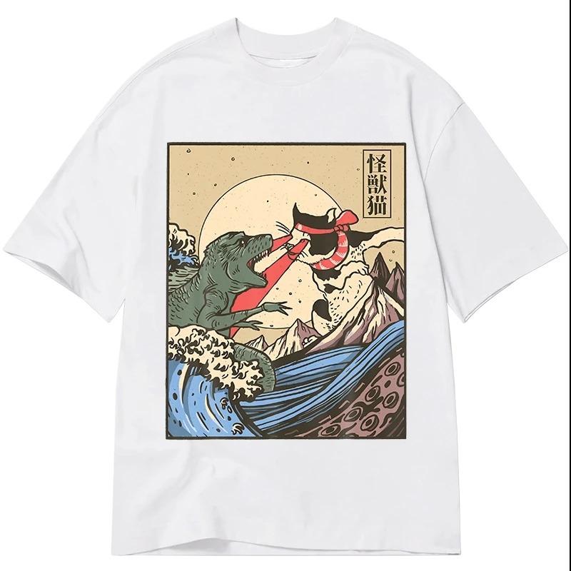 Fashion 100% Cotton T-shirts Vintage Retro Japanese Great Wave Cat VS Monster Classic Tees  Loose Short Sleeve O-neck Tops