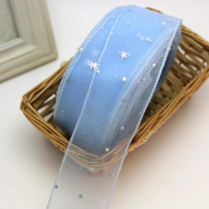 (5 Yards/roll) Stars Silk Organza Ribbon Bow Material for Hair Print Flower Decoration Lace Ribbons