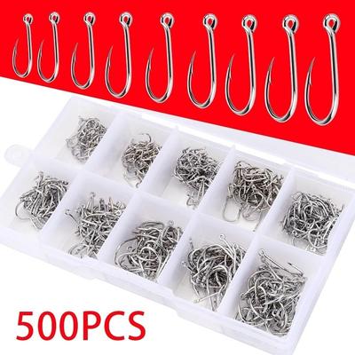 500pcs Silver/Golden Fishhook with Hook Handle and Loop with Box Stainless Steel Fish Hooks Tackle Box Set