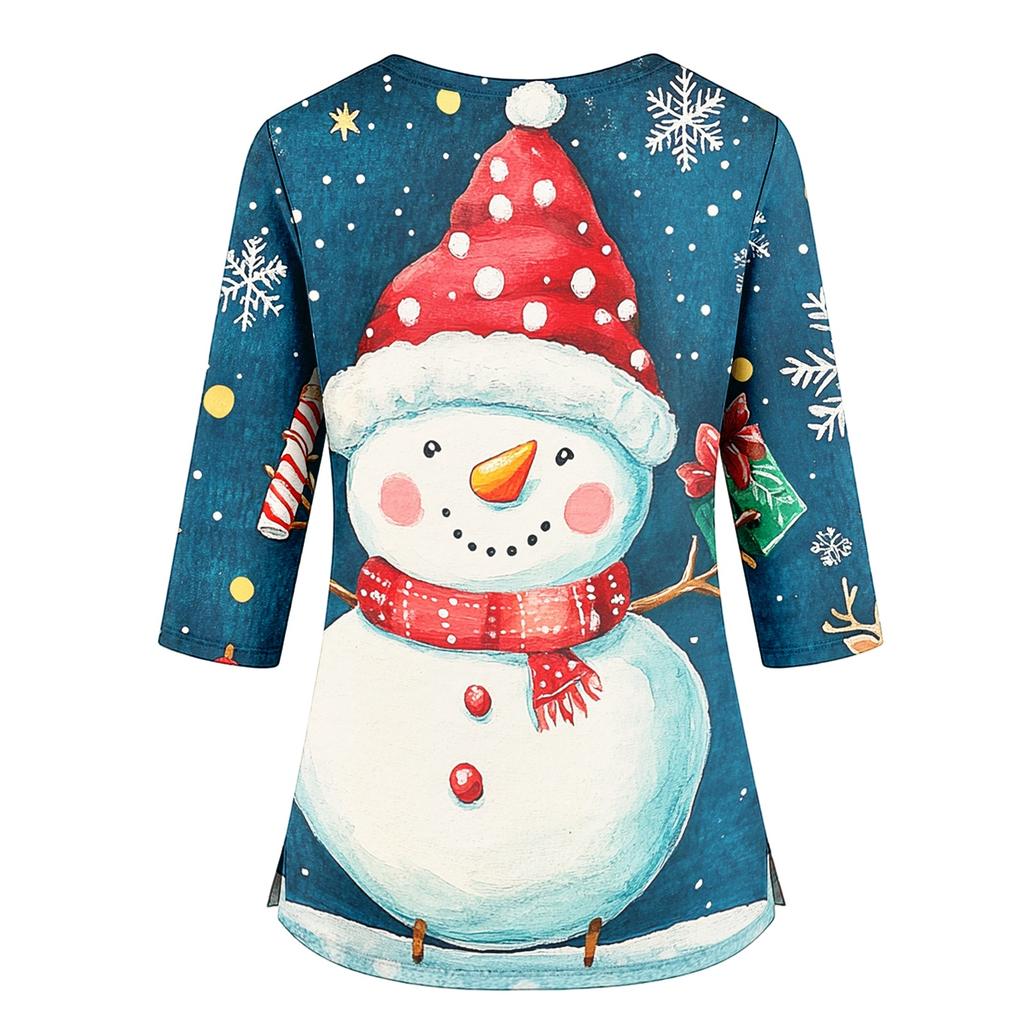Women's Christmas Print V-Neck Work -Quarter Sleeve Caregiver Uniform Scrub Tunic